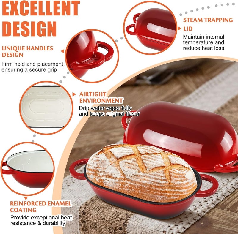 NSIRONS Enameled Cast Iron Sourdough Bread Oven, 2.5 QT Loaf Cast Iron Bread Pan with Lid, Oval Dutch Oven for Homemade Bread Baking, Meatloaf Pan with Lid (Red) - Image 5