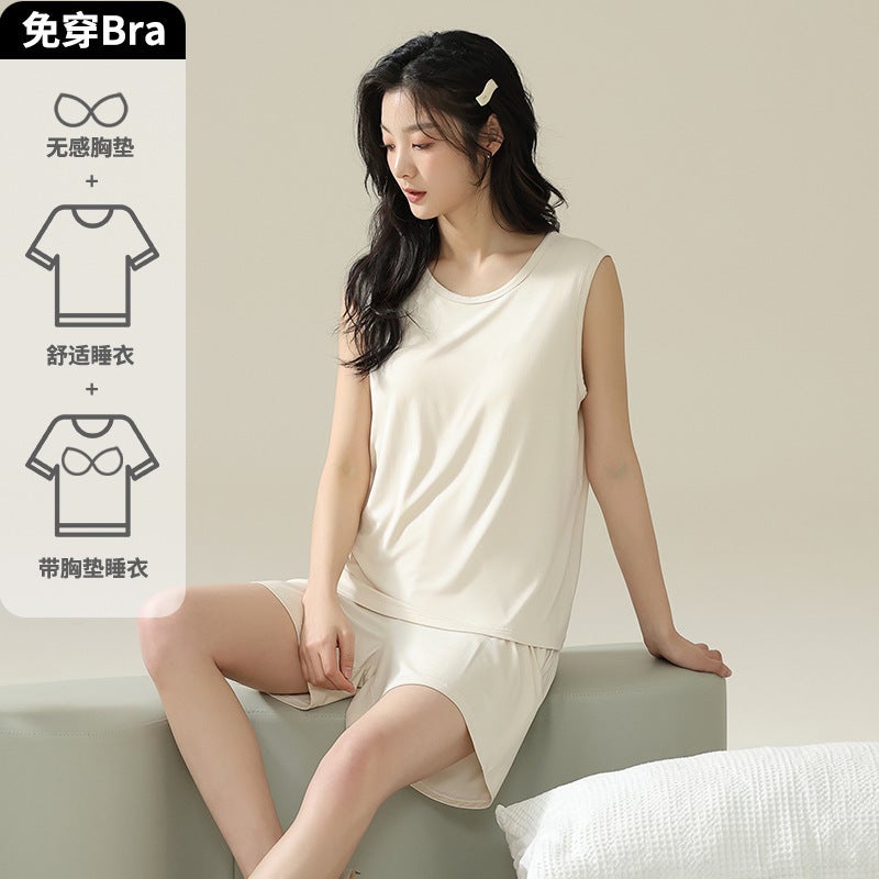 Cool Sensation Modal Ice Silk Short Sleeve Sleepwear Set for Women Lightweight Summer Home Clothes with Chest Pad Comfortable Breathable Casual Outdoor Home Hotel Bathing Suit Wedding Studio AM-58410 Female  - Image 2