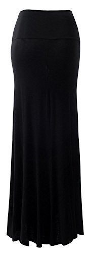 URBAN K Womens Basic Foldable High Waist Regular and Plus Size Maxi Skirts Black - Image 5