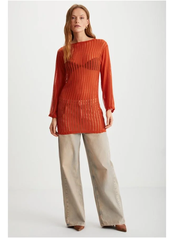 GRIMELANGE Grimelange Alegra Women's Knit-Look Transparent Fabric Flare Long Sleeve Midi Coral Dress