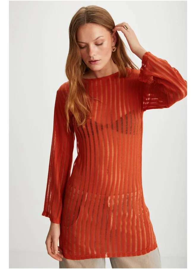 GRIMELANGE Grimelange Alegra Women's Knit-Look Transparent Fabric Flare Long Sleeve Midi Coral Dress
