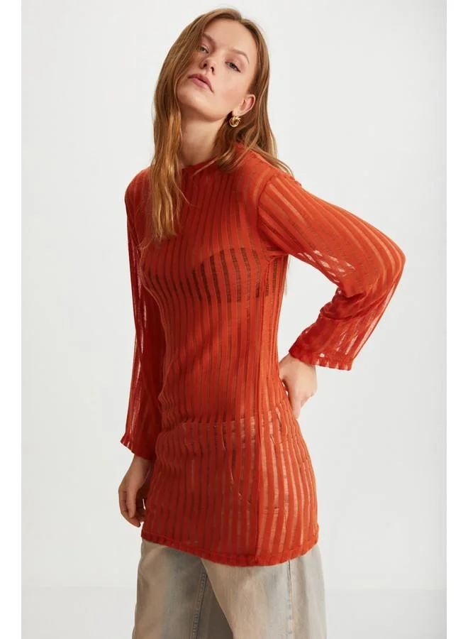 GRIMELANGE Grimelange Alegra Women's Knit-Look Transparent Fabric Flare Long Sleeve Midi Coral Dress