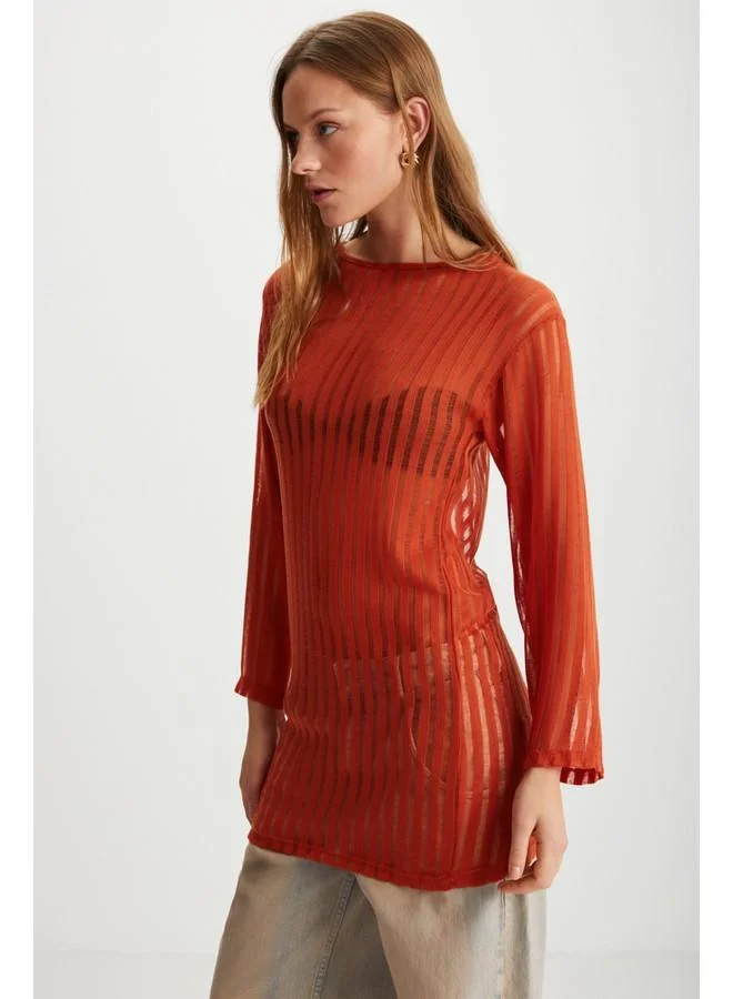 GRIMELANGE Grimelange Alegra Women's Knit-Look Transparent Fabric Flare Long Sleeve Midi Coral Dress