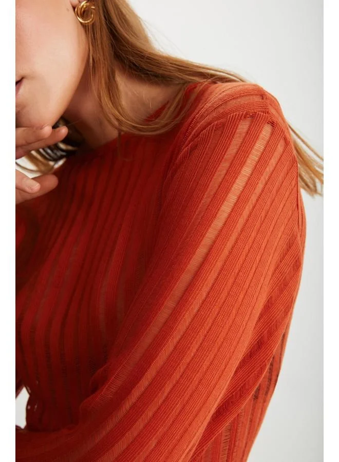GRIMELANGE Grimelange Alegra Women's Knit-Look Transparent Fabric Flare Long Sleeve Midi Coral Dress
