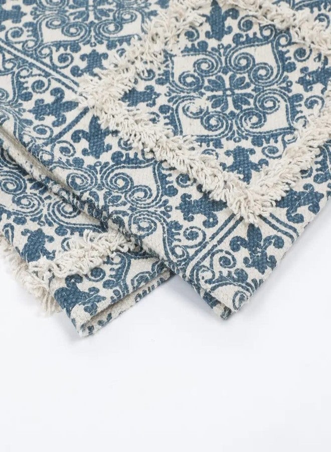 pepme Printed Tufted Canvas Table Runner, Squares, Floral, 14x54, Navy Blue, White - Image 5