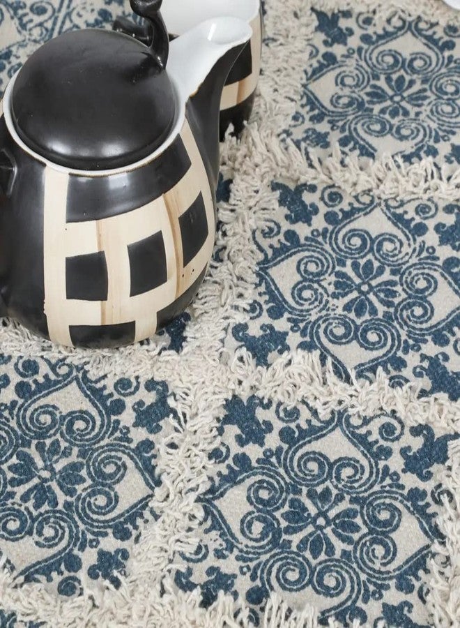 pepme Printed Tufted Canvas Table Runner, Squares, Floral, 14x54, Navy Blue, White - Image 4