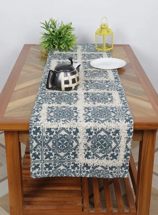pepme Printed Tufted Canvas Table Runner, Squares, Floral, 14x54, Navy Blue, White - Image 1