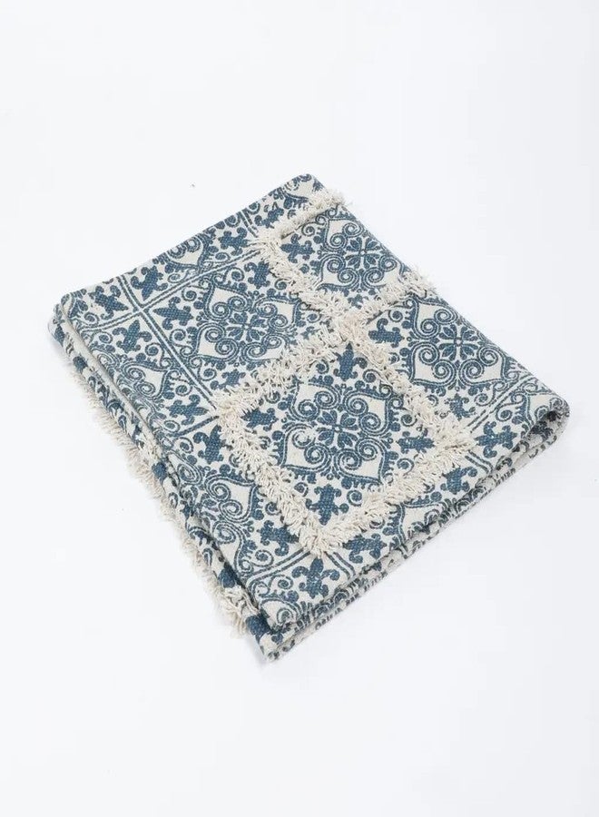 pepme Printed Tufted Canvas Table Runner, Squares, Floral, 14x54, Navy Blue, White - Image 2