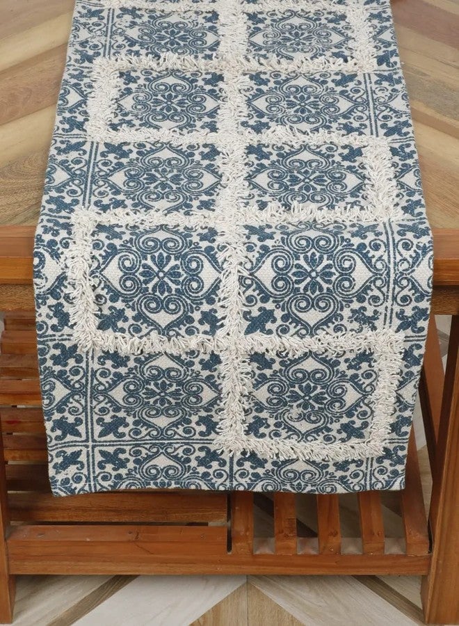 pepme Printed Tufted Canvas Table Runner, Squares, Floral, 14x54, Navy Blue, White - Image 3