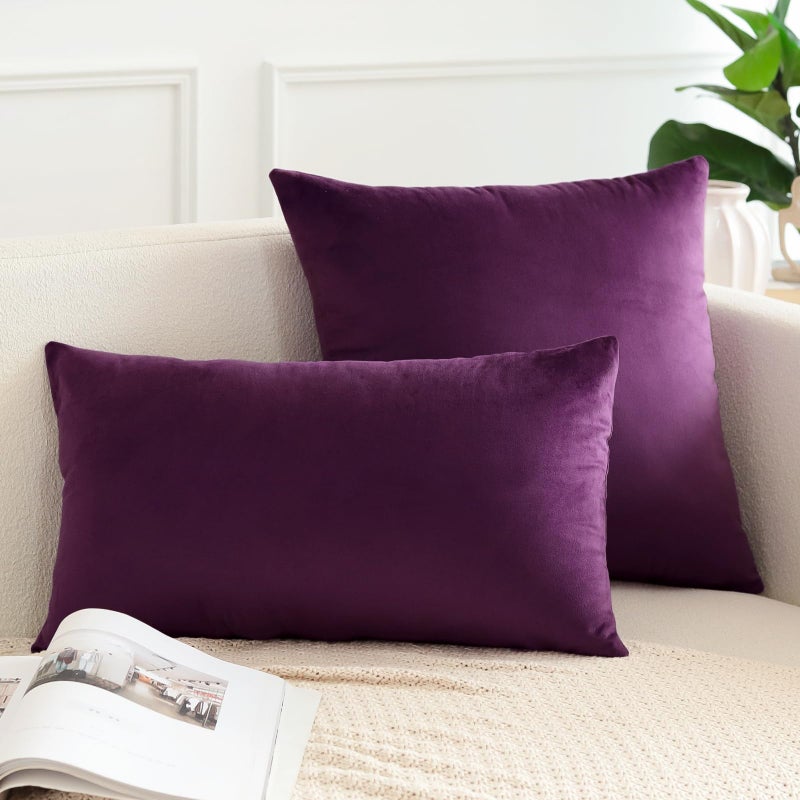 OTOSTAR Pack of 2 Velvet Soft Decorative Throw Pillow Covers 18 x 18 Inch Solid Square Cushion Case Couch Home Decor Pillow Covers for Sofa Bedroom Living Room (Eggplant Purple) - Image 3