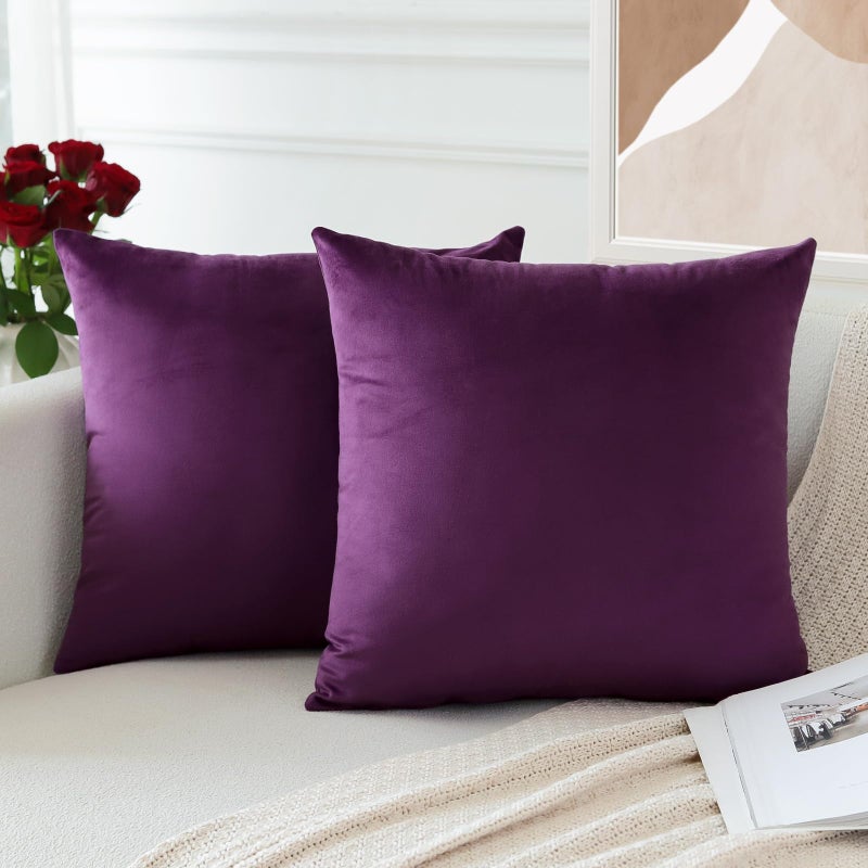 OTOSTAR Pack of 2 Velvet Soft Decorative Throw Pillow Covers 18 x 18 Inch Solid Square Cushion Case Couch Home Decor Pillow Covers for Sofa Bedroom Living Room (Eggplant Purple) - Image 4