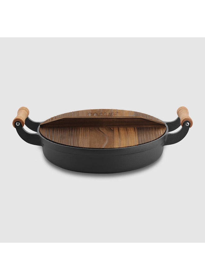 Telssida Wooden Handle Double-handled Thick Cast Iron Skillet, Pancake Griddle, Traditional Cast Iron Pan, Uncoated Flat Bottom Pan, Non-stick Frying Pan, Pancake Griddle - Image 3