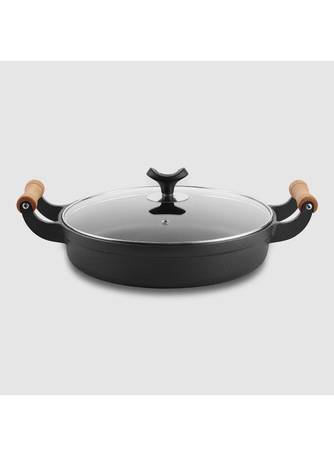 Telssida Wooden Handle Double-handled Thick Cast Iron Skillet, Pancake Griddle, Traditional Cast Iron Pan, Uncoated Flat Bottom Pan, Non-stick Frying Pan, Pancake Griddle - Image 4