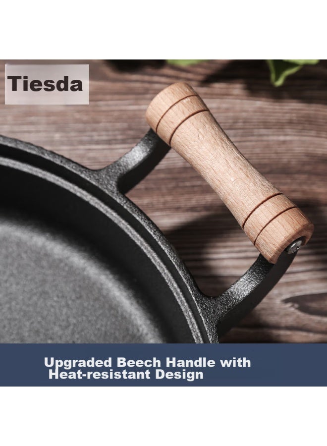 Telssida Wooden Handle Double-handled Thick Cast Iron Skillet, Pancake Griddle, Traditional Cast Iron Pan, Uncoated Flat Bottom Pan, Non-stick Frying Pan, Pancake Griddle - Image 2