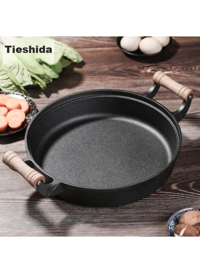 Telssida Wooden Handle Double-handled Thick Cast Iron Skillet, Pancake Griddle, Traditional Cast Iron Pan, Uncoated Flat Bottom Pan, Non-stick Frying Pan, Pancake Griddle - Image 1