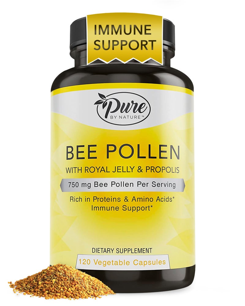 Pure By Nature Bee Pollen Supplement with Propolis Royal Jelly for Immune Support Antioxidant Properties 120 NonGMO Vegetarian Capsules