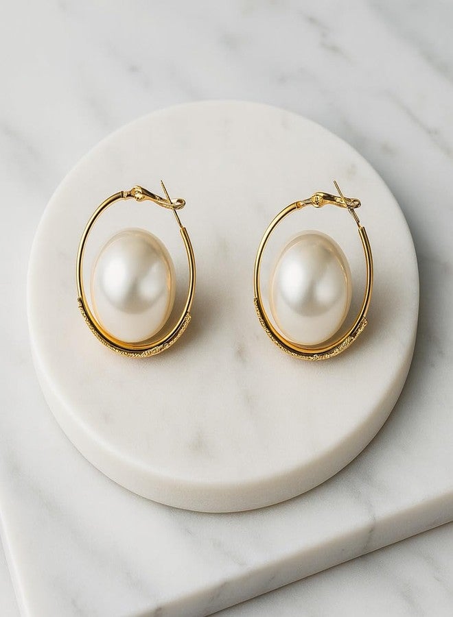 AMAAL Gold Plated Pearl Hoop Earrings for Women & Girls | Classic Round Pearl Hoops Ladies | Western Earing | Stylish Ear Rings Jewellery for woman | Valentine Gift for Girlfriend couple -455 - Image 4