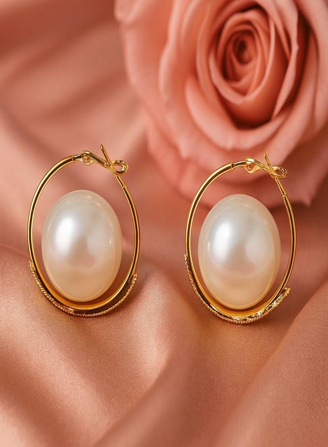 AMAAL Gold Plated Pearl Hoop Earrings for Women & Girls | Classic Round Pearl Hoops Ladies | Western Earing | Stylish Ear Rings Jewellery for woman | Valentine Gift for Girlfriend couple -455 - Image 3