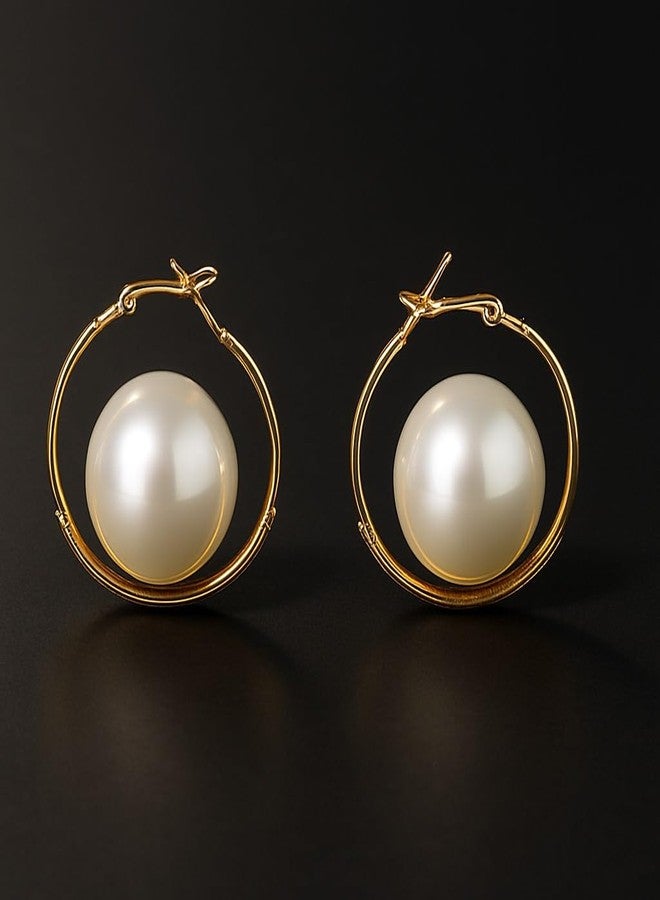 AMAAL Gold Plated Pearl Hoop Earrings for Women & Girls | Classic Round Pearl Hoops Ladies | Western Earing | Stylish Ear Rings Jewellery for woman | Valentine Gift for Girlfriend couple -455 - Image 2