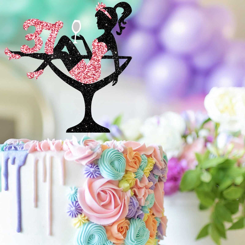 Lisimy Sitting Girl Cake Topper Picks for Girl Lady 37th Birthday Makeup Spa Theme Party Decoration Supplies 37 Silhouette High Heeled Girl Cake Decor Rose Gold Glitter - Image 4