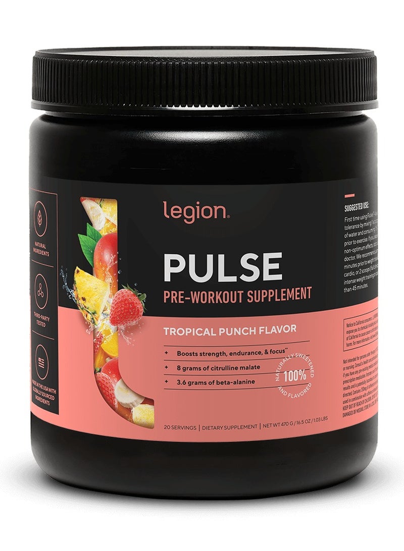 Legion Pulse Stim-Free Pre Workout Supplement  - Tropical Punch Flavor, Boosts Strength Endurance & Focus, with 8g of Citrulline Malate, 3.6 g of Beta-Alanine, 20 Servings 432 g/15.2 oZ (0.95 Lbs) - Image 2