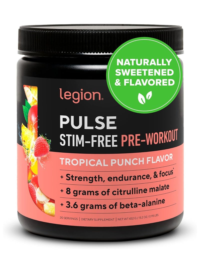Legion Pulse Stim-Free Pre Workout Supplement  - Tropical Punch Flavor, Boosts Strength Endurance & Focus, with 8g of Citrulline Malate, 3.6 g of Beta-Alanine, 20 Servings 432 g/15.2 oZ (0.95 Lbs) - Image 1