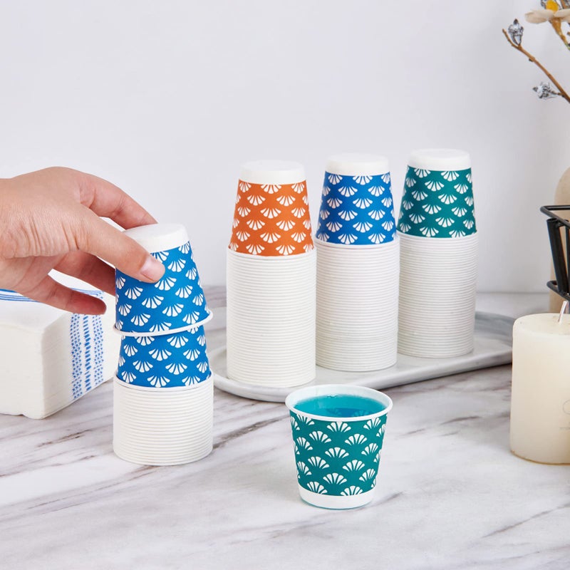 JollyPack 300 Pack 3 oz Disposable Bathroom Paper Cups, Small Mouthwash Cups in Orange, Blue, and Green, Great for Candy, Biscuits, Bathroom Use, Parties, Picnics, and Travel - Image 3