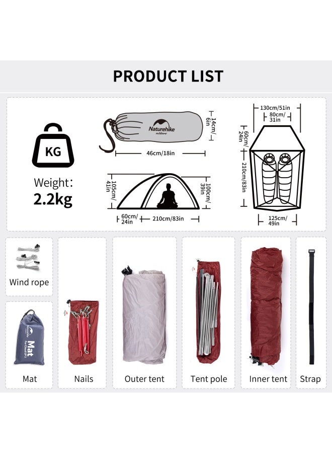 Naturehike Ultralight Cloud Up 3 Tent | 3-Person Camping Tent | Rectangular Tent | Size: (215+85) X 180 X 110 Cm | Portable, Waterproof, Lightweight | Color - Light Grey/Red - Image 5