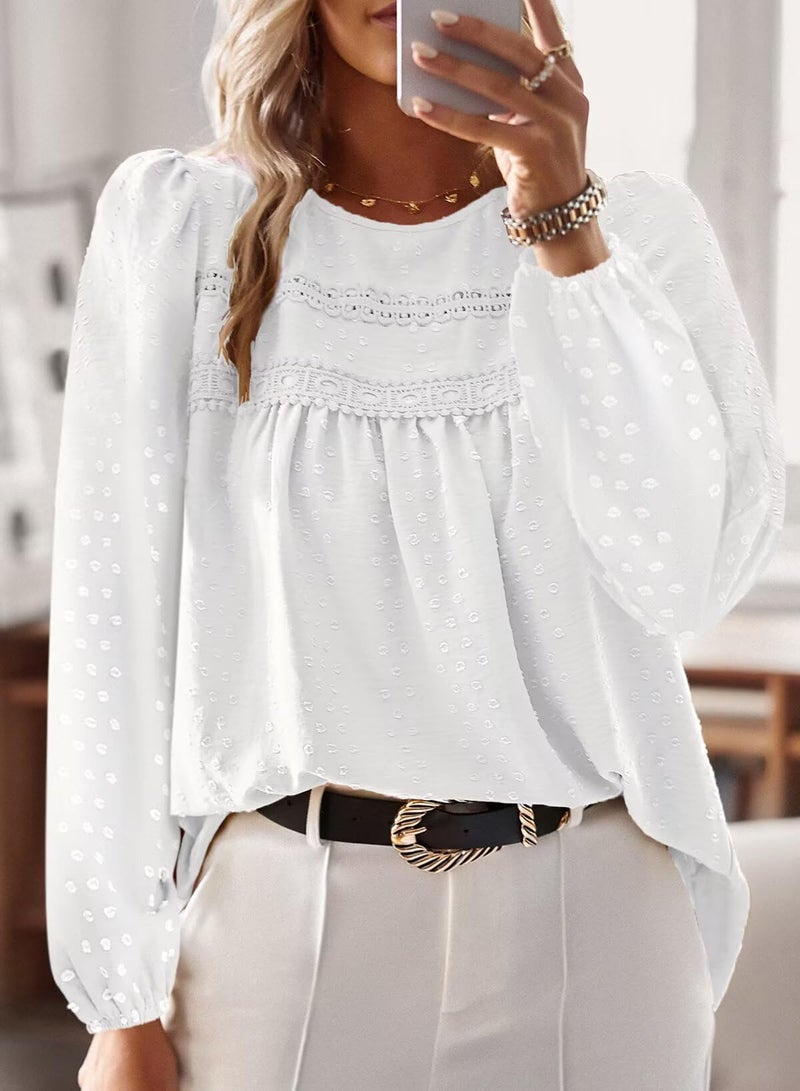 Falechay Summer Tops Long Sleeve White Tunic Tops for Women Lace Bohemian Womens Shirts Round Neck Womens Blouses Loose Peasant Smocked S - Image 4