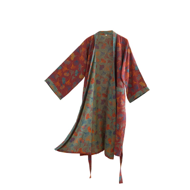 Purefair 100% Cotton Gauze Ginkgo Leaf Kimono Robe, Long Knit Loose Bathrobe Nightgown Ladies Loungewear Sleepwear for Women - Image 1