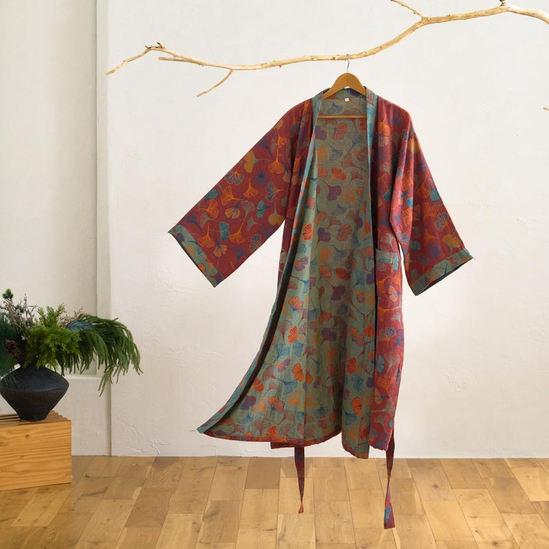 Purefair 100% Cotton Gauze Ginkgo Leaf Kimono Robe, Long Knit Loose Bathrobe Nightgown Ladies Loungewear Sleepwear for Women - Image 2