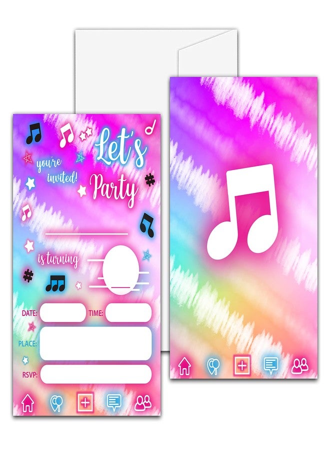 Levitatinyear Music Theme Birthday Party Invitation,Music Notes Neon Fill-In Invites For Men & Women, 20 Invitations With Envelopes(4" X 6")，Adults Party Favors Decorations And Supplies-06 - Image 1