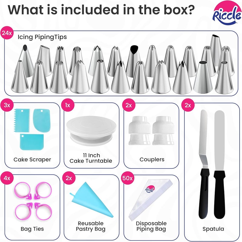 RICCLE 88 pcs Cake Decorating Kit with Cake Turntable - Includes 50 Disposable + 2 Reusable Piping Bags and Tips Set, 24 Icing Piping Tips, 2 Spatulas, 3 Icing Comb Scraper, Baking Supplies - Image 3