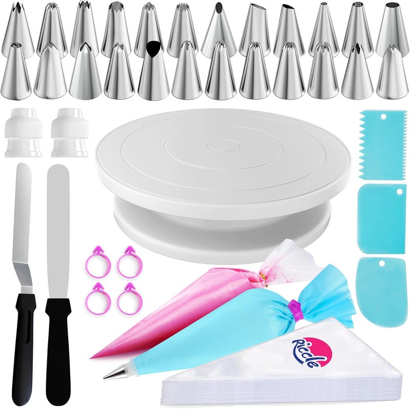 RICCLE 88 pcs Cake Decorating Kit with Cake Turntable - Includes 50 Disposable + 2 Reusable Piping Bags and Tips Set, 24 Icing Piping Tips, 2 Spatulas, 3 Icing Comb Scraper, Baking Supplies - Image 1