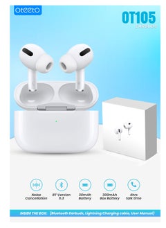 OT-105 2024 New Style TWS In-Ear Earphones, Low Latency, In-Ear Detection, One-Click Connection, Heavy Bass, Hifi, HD Mic Wireless Earbuds With Power Box With Replacement Ear Tips White