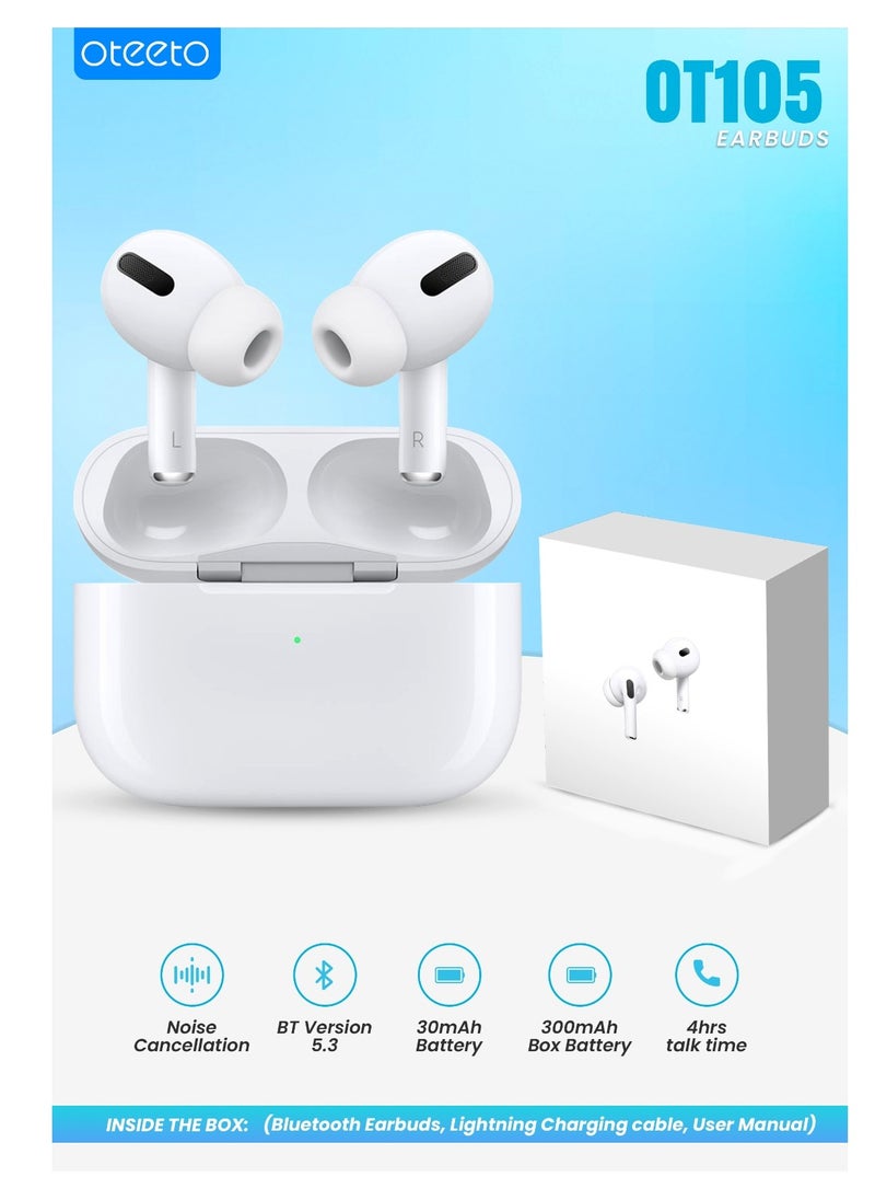 Oteeto - OT-105 2024 New Style TWS In-Ear Earphones, Low Latency, In-Ear Detection, One-Click Connection, Heavy Bass, Hifi, HD Mic Wireless Earbuds With Power Box With Replacement Ear Tips White - Image 1