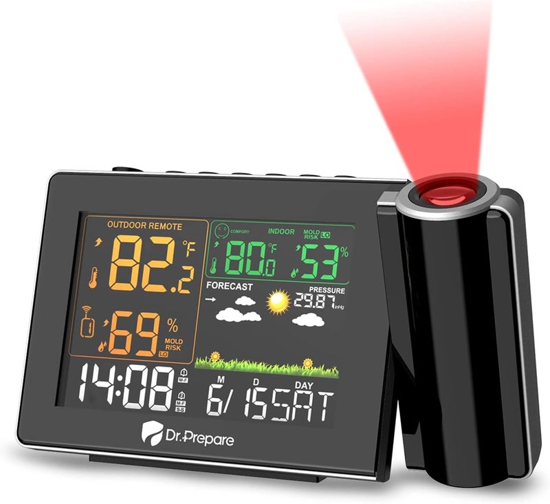 Dr. Prepare Projection Alarm Clock, Adjustable Projection Focus, Wireless Indoor Outdoor Temperature Humidity Monitor, 180° Projector, Snooze, Weather Forecast, Dual Alarms for Bedroom, Heavy Sleeper - Image 1