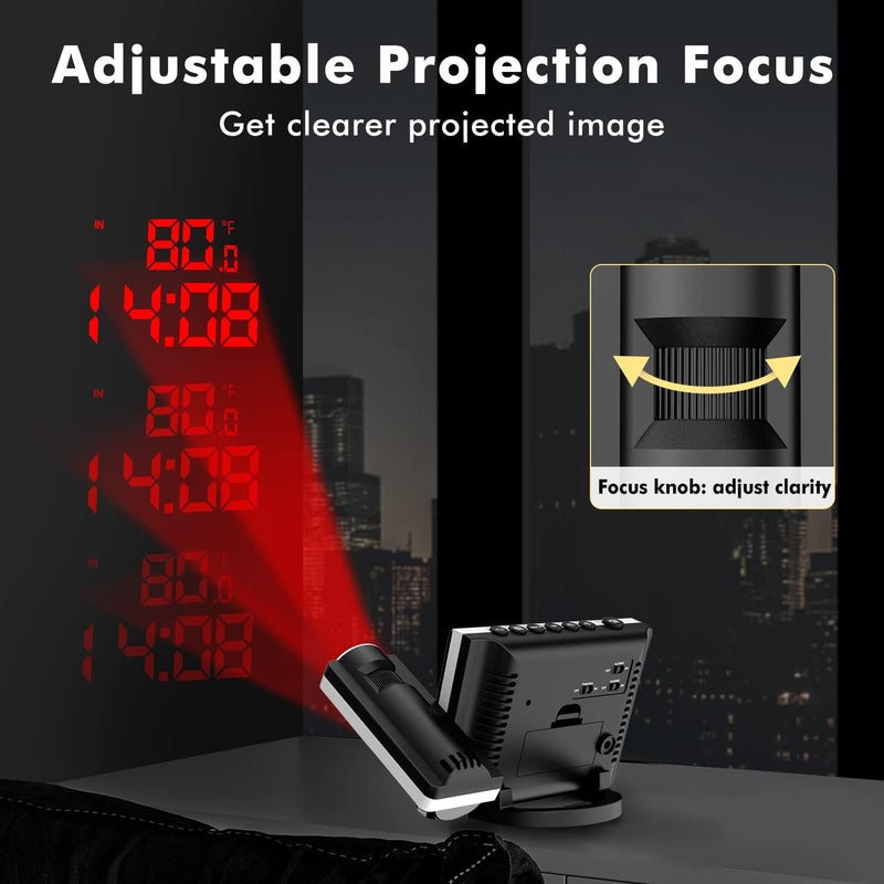 Dr. Prepare Projection Alarm Clock, Adjustable Projection Focus, Wireless Indoor Outdoor Temperature Humidity Monitor, 180° Projector, Snooze, Weather Forecast, Dual Alarms for Bedroom, Heavy Sleeper - Image 4