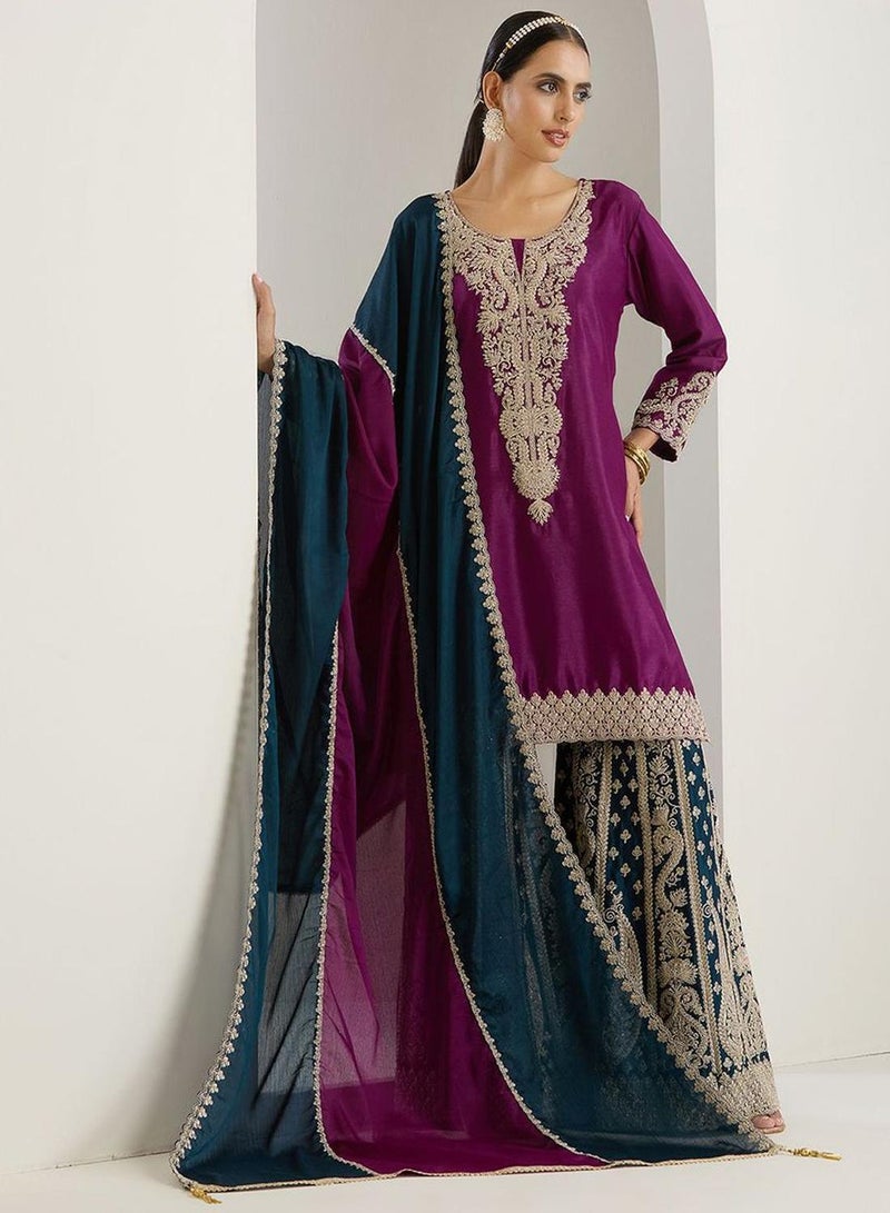 ISHIN Women's Lilac Polyester Blend Embellished Tunic Full Length Palazzo Straight Fit Kurta Set - Image 1