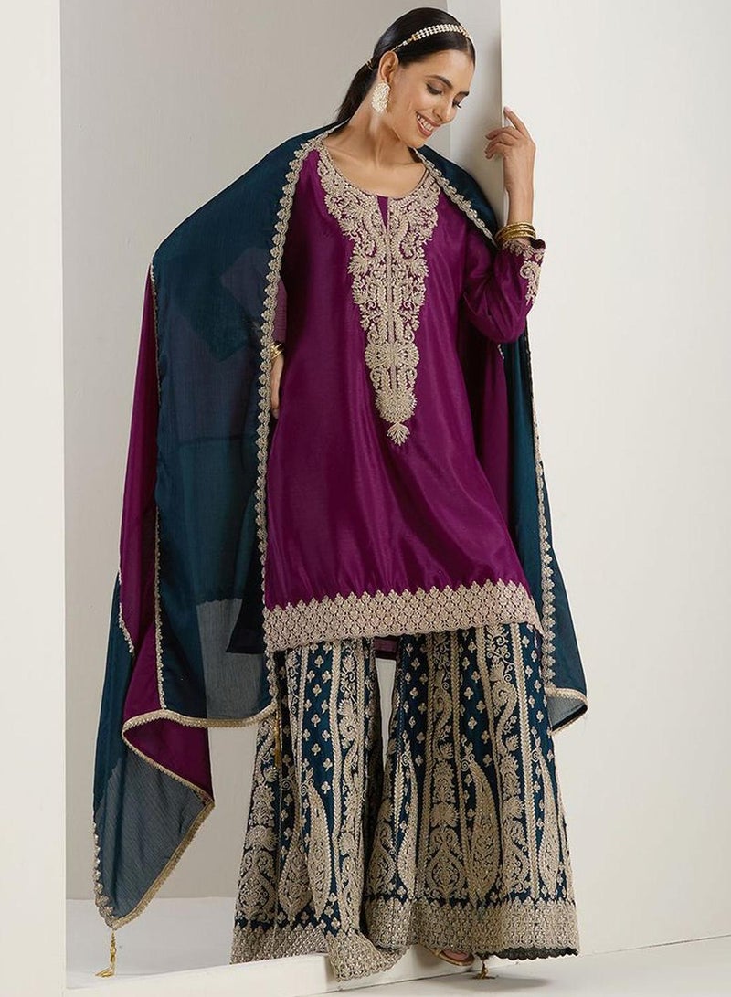 ISHIN Women's Lilac Polyester Blend Embellished Tunic Full Length Palazzo Straight Fit Kurta Set - Image 5