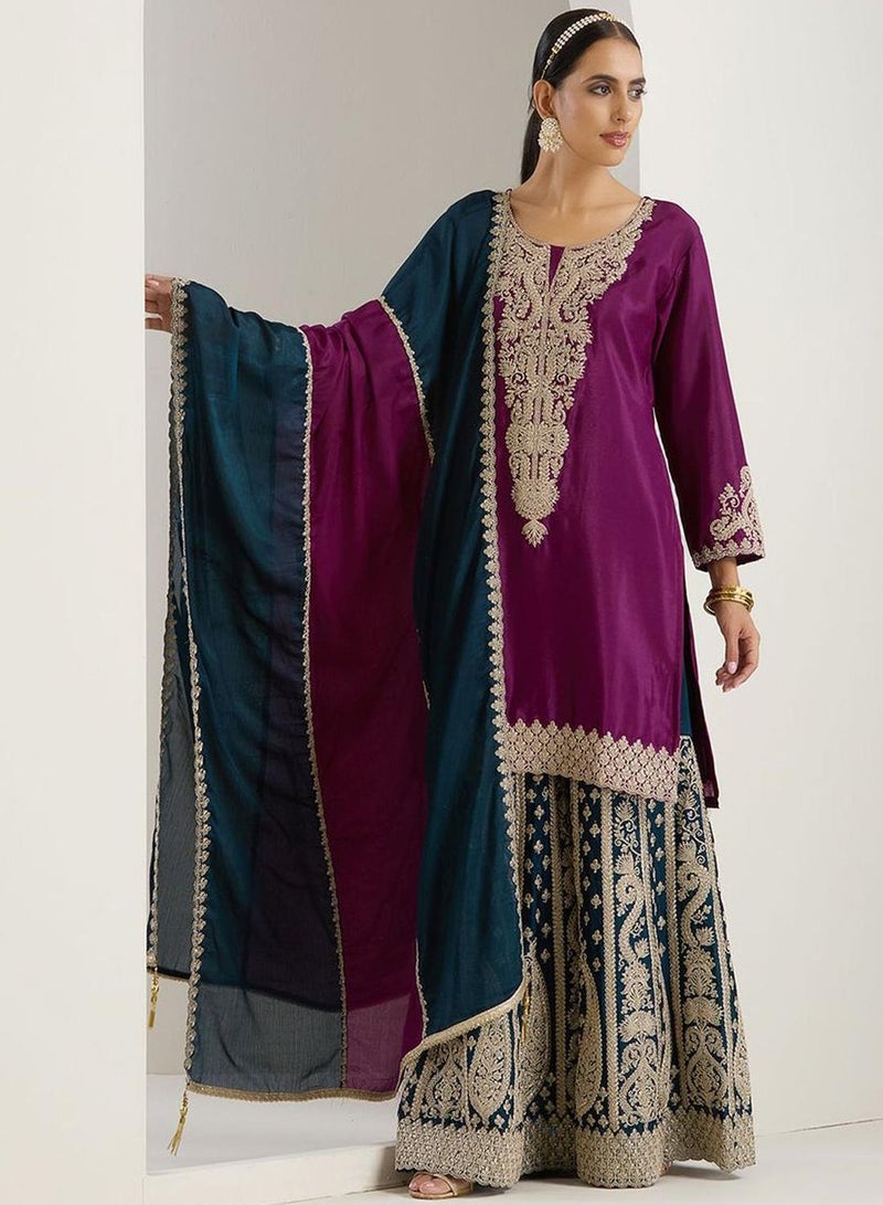 ISHIN Women's Lilac Polyester Blend Embellished Tunic Full Length Palazzo Straight Fit Kurta Set - Image 3