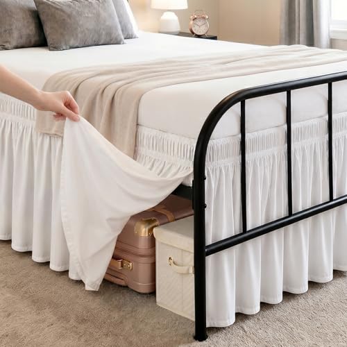 RIMELA White Full Size Bed Skirt with Split Corners 15 Drop Wrap Around Elastic Dust Ruffle for Platform Metal Frame Beds Easy NoTools Installation Machine Washable Bedroom Decor - Image 1