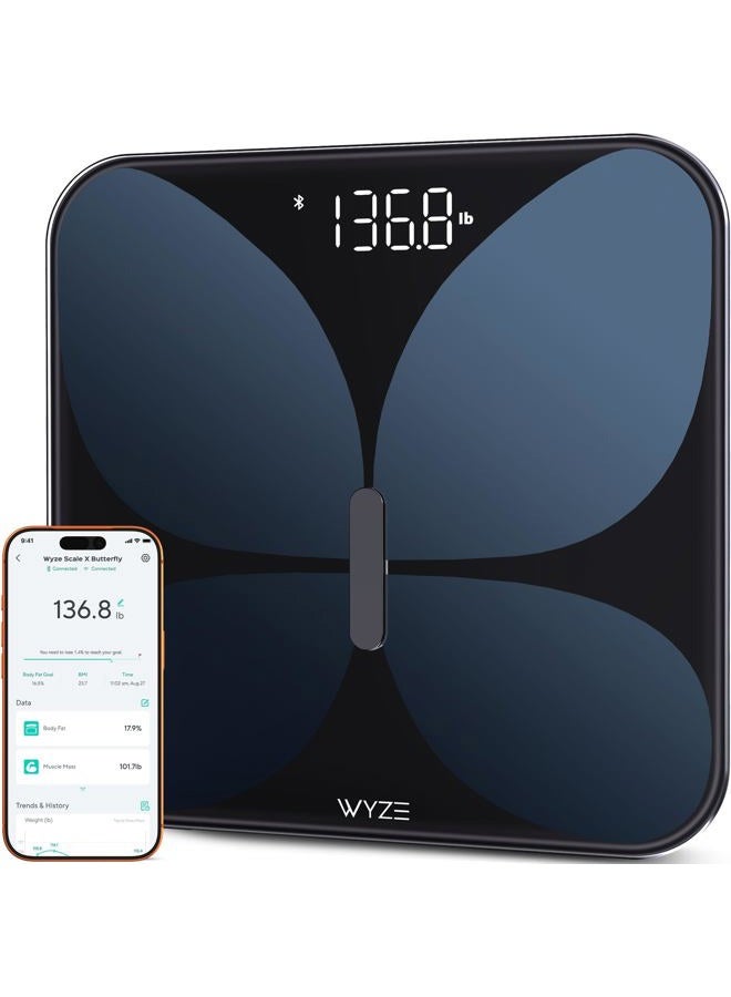 WYZE SCALE ميزان وايز إكس فراشة - ميزان لوزن الجسم، مؤشر كتلة الجسم، نسبة الدهون في الجسم، كتلة العضلات، ميزان رقمي ذكي دقيق مع مراقب معدل ضربات القلب | مزامنة تطبيقات اللياقة البدنية | للأشخاص، الأطفال والحيوانات الأليفة، 400 رطل (أسود) - Image 1