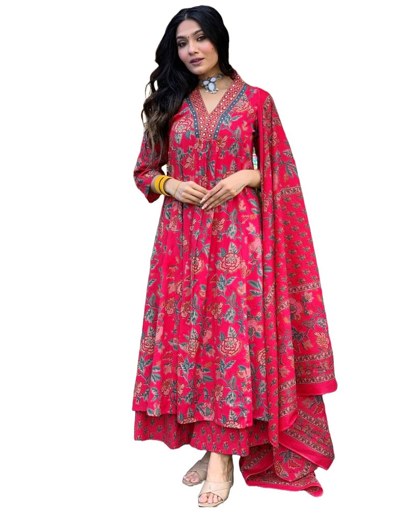 GoSriKi Women's Rayon Viscose Anarkali Printed Kurta with Palazzo & Dupatta (CIA Pink-GS_XXL_Pink_XX-Large) - Image 1
