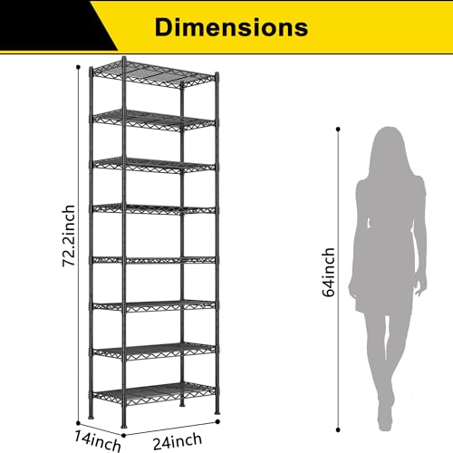 GIOTORENT 8-Wire Garage Shelving Storage Shelves, Kitchen Storage Adjustable Shelf, Metal Shelves 1600Lbs Capacity 24" Lx14 Wx72.2 H for Laundry Bathroom Pantry Closet, Black - Image 3