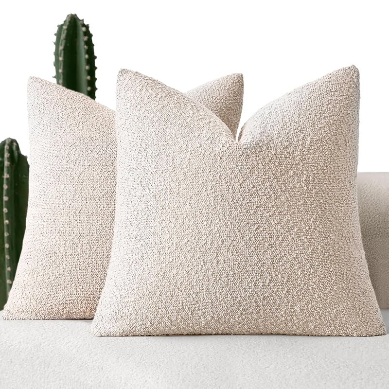 MIULEE 18x18 Inch Decorative Pillow Covers for Couch Bed Set of 2 Textured Boucle Neutral Throw Pillows Natural Beige Accent Solid Cushion Pillowcase Cozy Soft Sofa Livingroom Home Decor
