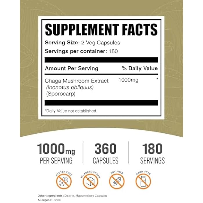 BulkSupplements.com Chaga Mushroom Extract Capsules - Chaga Extract, Chaga Mushrooms - Vegan & Gluten Free, 2 Capsules per Serving (1000mg), 360 Count (Pack of 1) - Image 2