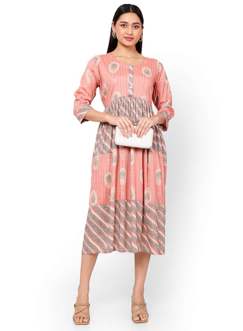 HANA & SARA FRONT STYLED BUTTONED SOFT VISCOSE PEACH COLOUR SHORT PRINTED CASUAL ARABIC KAFTAN JALABIYA DRESS - Image 1