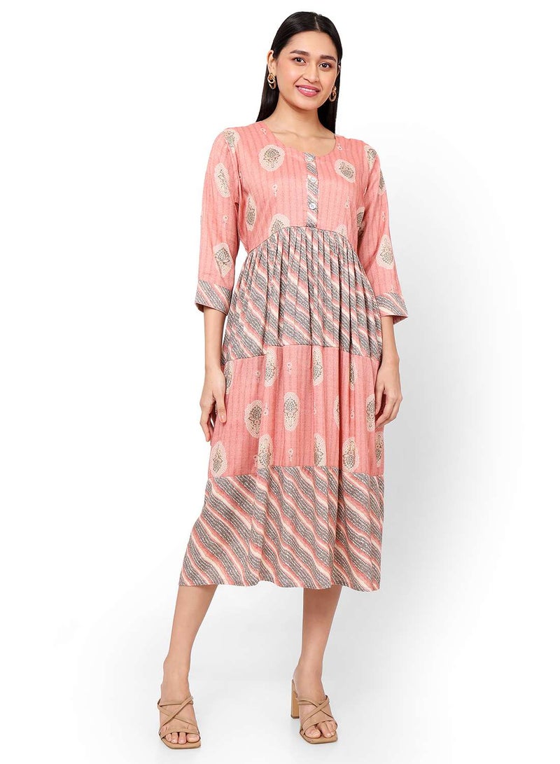 HANA & SARA FRONT STYLED BUTTONED SOFT VISCOSE PEACH COLOUR SHORT PRINTED CASUAL ARABIC KAFTAN JALABIYA DRESS - Image 4