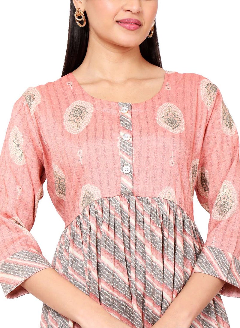HANA & SARA FRONT STYLED BUTTONED SOFT VISCOSE PEACH COLOUR SHORT PRINTED CASUAL ARABIC KAFTAN JALABIYA DRESS - Image 3